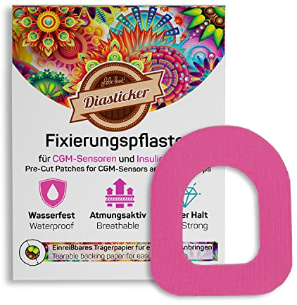 Diasticker® Omnipod fixing plasters (pack of 10, pink), waterproof, breathable, strong hold, pod fixation, patch, fixation, tape, overpatch, plaster