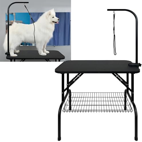 YUENFONG Mesa de Peluqueria Canina Plegable, con Dos Correas, Mesa Aseo Mascotas Mesa de Peluquería para Perros/Gatos, soporta hasta 60 kg (80.5 x 46 x 76 cm, Negro)