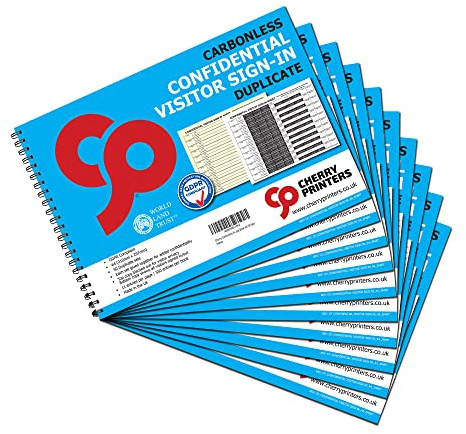 Cherry Printers | Carbonless Confidential Visitor Sign in Book A4 | GDPR Compliant Duplicate Visitor Log Book | Hidden Name Sign in Sheets | 50 Duplicate Sets | School Workplace Reception **10 Pack**