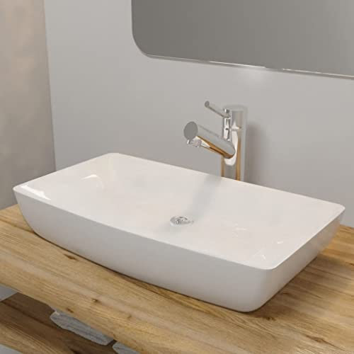 WIFESE Lavello Bianco in Ceramica di Lusso Rettangolare Lavatoio Ceramica Arredo Bagno Lavabo Bagno Lavabo Lavanderia Lavabo Da Esterno Lavabo In Ceramica Lavello Ceramica Appoggio 71x38x13,5 cm
