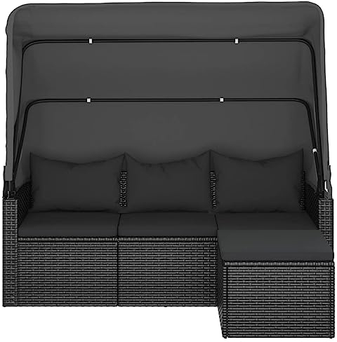 Hommdiy 3-Sitzer-Gartensofa mit Dach und Fußhocker Schwarz Poly Rattan