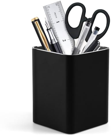 RQB Metall Stifthalter für Schreibtisch Quadrat Aluminium Desktop Organizer und Make-up Pinselhalter Aufbewahrungsbox für Büro, Schule, Haus und Kinder, Anti-Rutsch-Silikon 4×3.15inch (Schwarz)