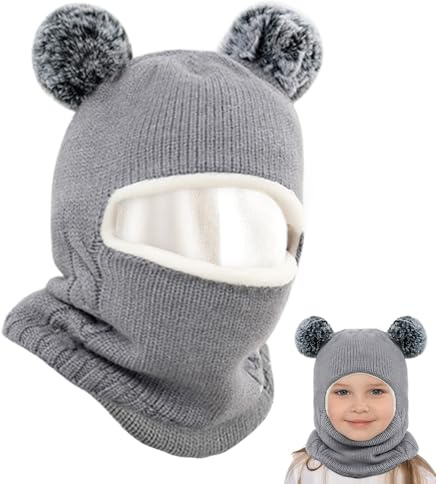 mizikuu 3 en 1 Bonnet Cagoule Chaud d'hiver, Bonnet Echarpe pour Bébé Enfant de 2 à 7 Ans Chapeau Écharpe Multifonction Thermique Coupe-Vent Chapeaux Tricoté Capuche Doux Polaire Chaud Cache Oreilles
