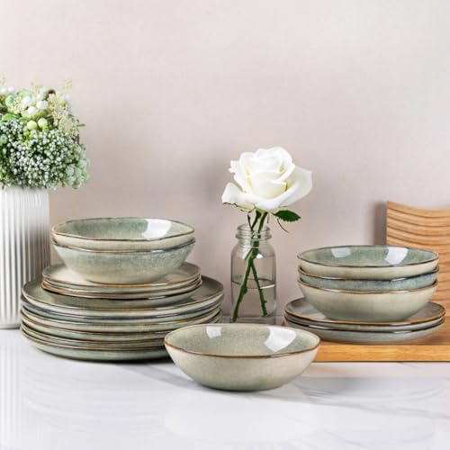 AmorArc Ceramic Dinnerware Sets,Handmade Reactive Glaze Stoneware Plates and Bowls Sets,Highly Scratch Resistant | Dishwasher & Microwave Safe Dishes Set,Service for 6 (18pc)