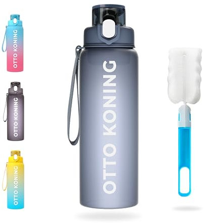 Otto Koning Gourde Sport 1L - Bouteille Eau Sans BPA, Gourde Adulte Femme Homme, Plastique Haute Qualité, Hermétique, Grande Bouteille Randonnée, Ouverture Bouton, Courroie, Nettoyage Facile