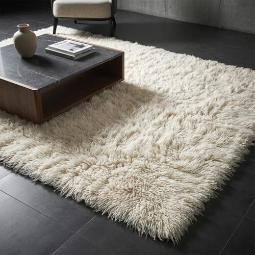 Super Thick 7x10 Flokati Rug. Soft and Fluffy 3.5 Pile. 100% Organic Wool. Off White Shaggy Area Rug
