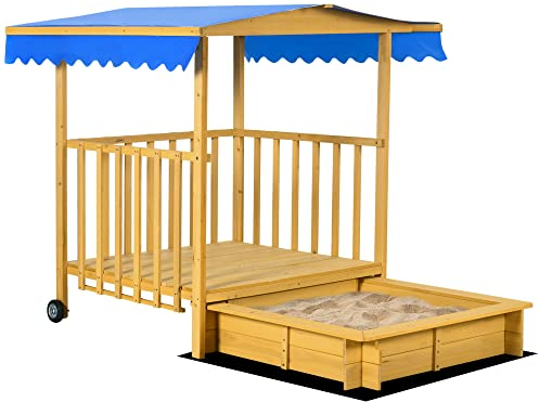 Outsunny Sandkasten mit Dach, Sandkiste aus Holz mit Spielhaus, 133 x 129 x 137,5 cm Sandbox mit Rollen für 3-8 Jahre Kinder, Garten, Natur