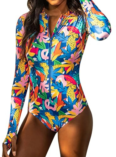 Maillot de bain une pièce pour femme - Manches longues - Rash Guard UV - Blouson avec fermeture éclair - Protection UV - Maillot de bain pour la natation - Maillot de bain pour le surf - Haut de
