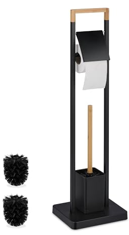 Relaxdays WC Garnitur, Bambus, Edelstahl, stehender Klopapierhalter, Toilettenbürste mit Bürstenhalter, schwarz/natur