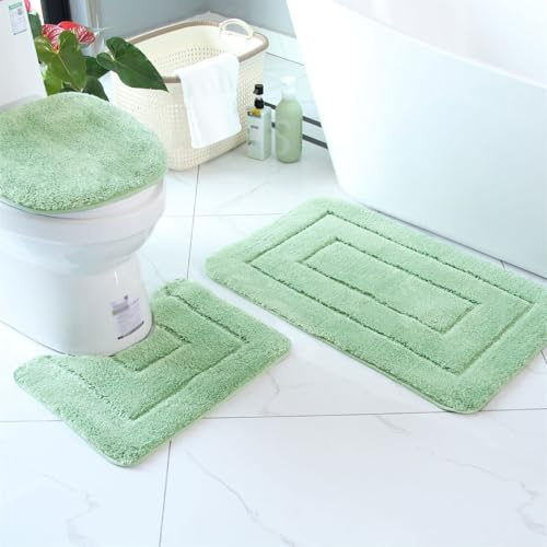 Lifup Badematte Set 3 Teilig, Flauschige Hochflor Badezimmerteppich, rutschfest Waschbar Badvorleger, Saugfähig Contour Badteppich Set mit Toilettendeckelabdeckung Grün