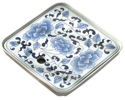 Blaues und weißes Keramik-Teetablett, chinesisches Kung-Fu-Porzellan-Teetablett mit Wasserspeicher, doppelschichtiger Gongfu-Teetisch, quadratisches/rundes Retro-Tee-Serviertablett