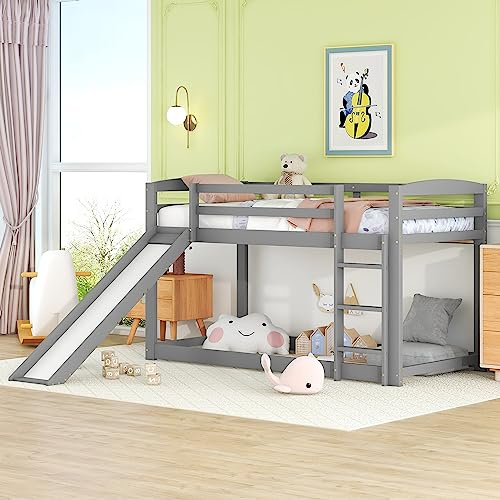 Goeria Etagenbett 90x200cm, für Kinder und Jugendliche, Kinderbett mit Rutsche, Massivholzrahmen, einfache Montage (grau)