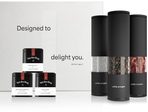 LARS NYSØM Set de regalo con 2 molinillos de sal, pimienta y guindilla con 3 botes de especias – Juego de regalo con estuche elegante, ideal para regalar (Carbon Black)