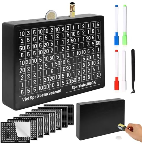 INYEEXUP Spardose mit Zähler, Sparbox mit Zahlen Ankreuzen, Sparschwein aus Holz mit Zähler, Wiederverwendbar Goalsaver Box, Keine Montage Sparbox 10000 Euro €500 €1000 €2000 €3000 €5000 (8 Stück)