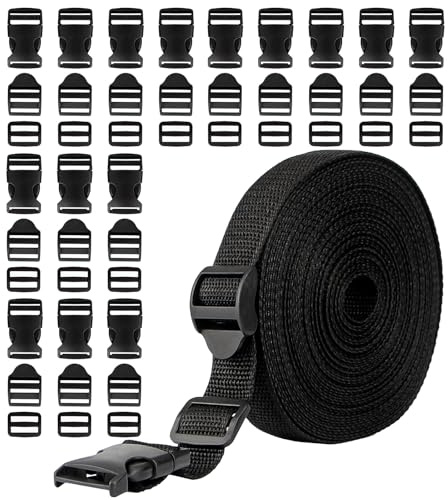 TAIHOBO 10 m spännband 25 mm, 45 spännen och lås, plastspänne 25 mm innerdiameter, justerbart ryggsäckspänne av polypropen, klickstängning för gör-det-själv bagageremmar, svart, 25mm
