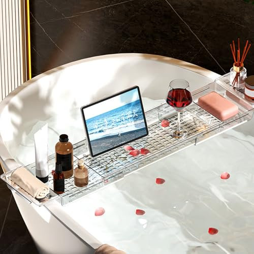 Bandeja para Bañera Acrílico,Bandeja de Bañera Extensible,Estante de Baño Puede Colocar Copas de Vino,Velas,Libros,iPad y Teléfono,Artículos de Baño,Accesorios de Baño Transparente,56.5-80CM