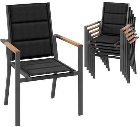 Devoko Gartenstuhl Set 6, Stapelbare Aluminium Esszimmerstühle, Maximale Belastung 160kg, Balkonstühle, Für Garten, Pool, Terrasse, Esszimmer, Gartenmöbel, Dunkelgrau & Holz