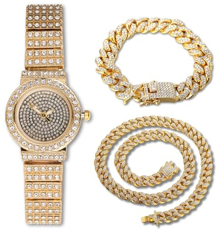 Halukakah dam diamantarmbandsur 18 k äkta guld/platinapläterad, full av diamanter gnistrande stjärnor, rund urtavla, elegant och ledig, rostfritt stålband kvartsur, gåva för dig, Guldklocka + 2 kedjor