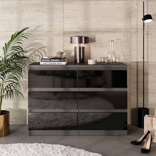 Furnica Cassettiera Moderna 100cm con 6 Cassetti – Sideboard/Comò 100x71x33cm (Grigio antracite/Nero lucido)