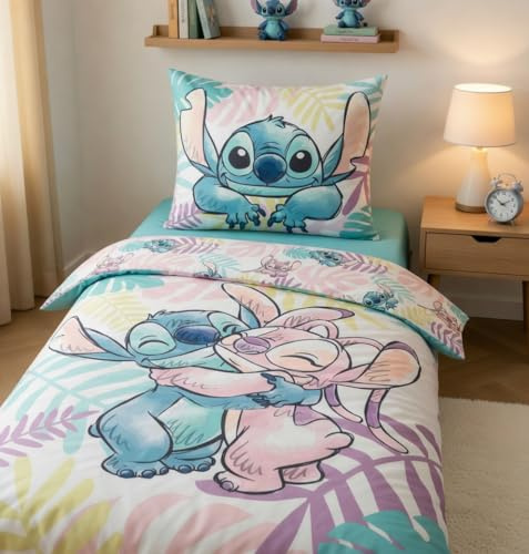Lilo & Stitch Bettwäsche Tropenblätter 135x200+80x80 – 100% Baumwolle | Wendebettwäsche | Stitch & Angel | Kinder & Teenager | Offiziell lizenziert | Disney | Einzelbett