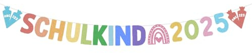 Schulkind 2025 Deko Banner, Glitzer Schulkind Girlande, Einschulung Mädchen Junge Schulanfang Banner Hänge Deko, mit ABC 123 Schultüte Girlande, für Schuleinführung Schulstart Party Dekoration (Bunt)