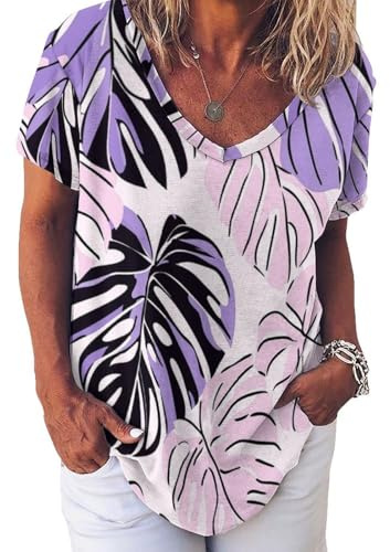 Womens V Neck Tee Lightweight T-Shirt, Hand Drawn Leaves Comfortable V-Neck Short Sleeve T-Shirt Breathable, Light Purple Monstera Leaves Easy Care Ladies Tee Shirt Suitable for Daily Work Wear L