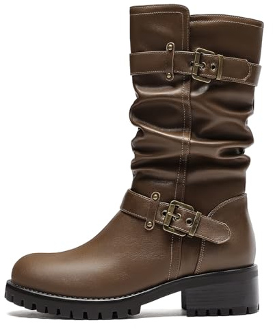 DOBOLIN Women Mid Calf Boots Motorcycle Biker Riding Wide Toe Box Wide Width Combat Low Chunky Heel Buckles Round Toe Dress Brown Size 8
