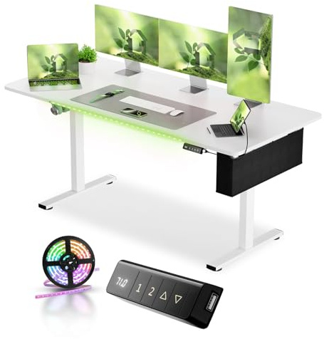 buybyroom Bureau Reglable en Hauteur Electrique, Bureau Assis Debout Électrique, Bureau Debout avec Bande Lumineuse, Sac en Tissu et USB, 160 X 75 CM, Blanc