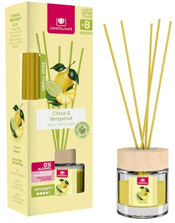 Cristalinas 35ml Citrus & Bergamot Air Fresheners - Reed Diffuser Home Fragrance Lasts upto 8 weeks - Room Diffuser Sticks with Coloured Fragrance Oil, Yellow
