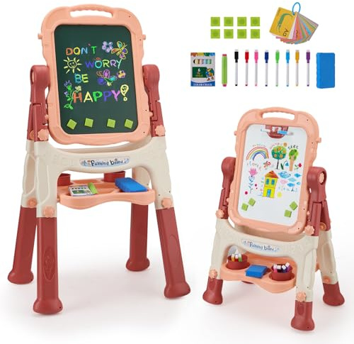 Helangel 4 in 1 Kids Easel with Magnetic Whiteboard Chalkboard,Kids Folding Double Sided Magnetic Easel,Kids Drawing Board Toddlers Painting Easel, Gifts for 2 3 4 5 6 7 Year Old Boys Girls