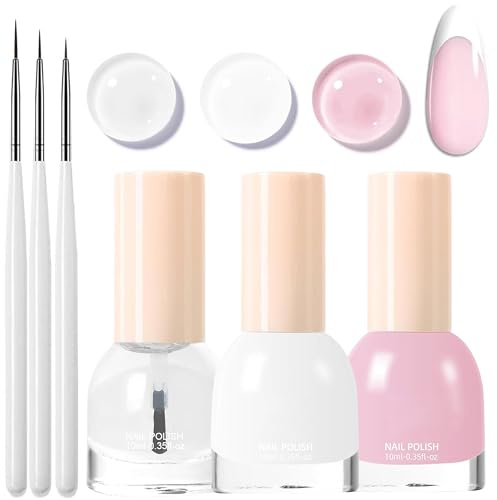 French Manicure Nagellack Set - Schnell trocknend & Langanhaltend Nail Polish mit 3 dünnem Nail Art Pinsel, ungiftiger Nagellack auf Wasserbasis für DIY Nageldesign, Kein UV-Lampe (Rosa)