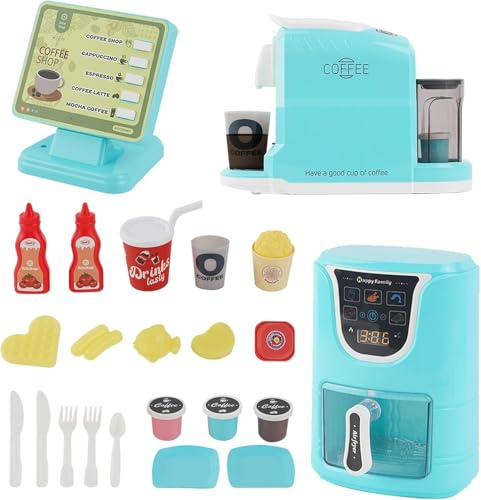 Giochi Accessori da cucina per Bambini,Friggitrice Ad Aria Giocattolo, Giocattolo Per Casse E Macchina Da Caffè,Dotato di Funzioni Musicali e di Cambio Colore,Adatto a Bambini dai tre anni in su