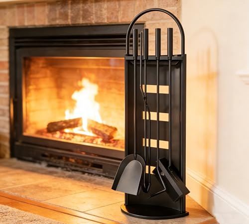 Calidola Juego de herramientas para chimenea de 4 piezas, juego de póquer de chimenea de 66 cm de alto con soporte, incluye pala, póquer, cepillo, pinzas, base estable de 22 x 16 cm, acabado con
