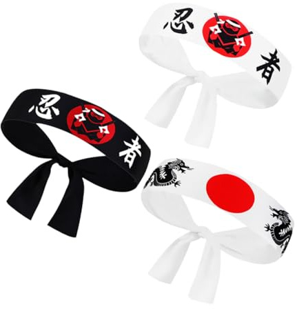 LALADEFIEE Lot de 3 Bandeaux Ninja Garçon et Filles en Polyester Confortables et Respirants, Accessoires de Karaté Japonerie Style Samouraï pour Hommes, Usage Quotidien