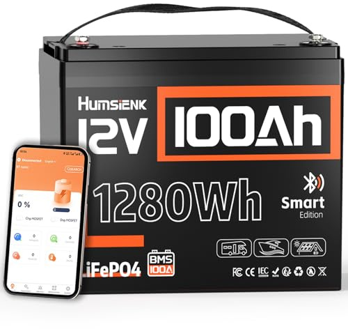 HumsiENK 12V 100Ah LiFePO4 Battery, Lithium Leisure Battery with Bluetooth, Built-in 100A BMS with Low Temp Protection 1280Wh Energy for Motorhomes,Campervan,Narrowboat,Solar
