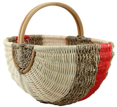 Großer Einkaufskorb aus Rattan & Seegras, 48x33x24 cm, Rot | Handgeflochtener Picknickkorb mit Henkel – Stabiler Marktkorb & Autokorb – Vintage Design Flechtkorb