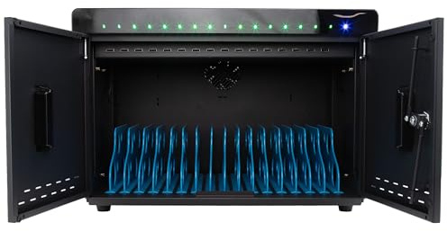 Desktop Charging Cabinet for 16 Tablets Laptops and Phones with 16x USB A 2.1A Ports Automatic Fan Cooling and Anti Scratch Dividers for Devices up to 13 Inch Stackable Design Black