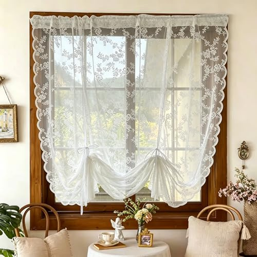 BSITSSS Blume Spitze Scheibengardinen, Kordelzug Scheibengardine 150 * 100CM, Scheibengardinen Modern, Kurzgardinen Retro Transparentgardine, Küchen Gardinen für Café, Küche, Schlafzimmer, 1 Stück