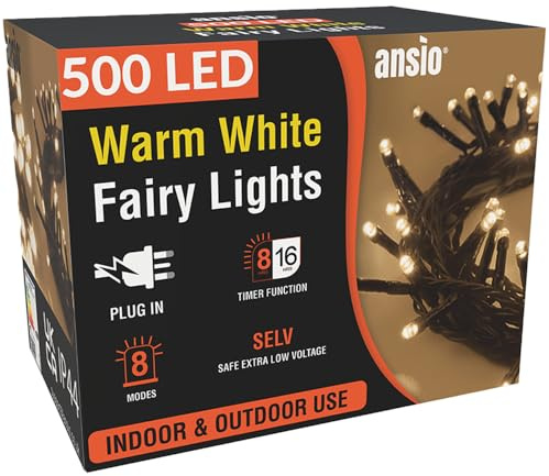 ANSIO Christmas Lights 500 LED 50m, Warm White, Timer, Mains Green Cable | Fairy String Lights for Indoor & Outdoor, Christmas Tree Lights for Garden, Bedroom, Party & Xmas Decorations, 50m/164ft