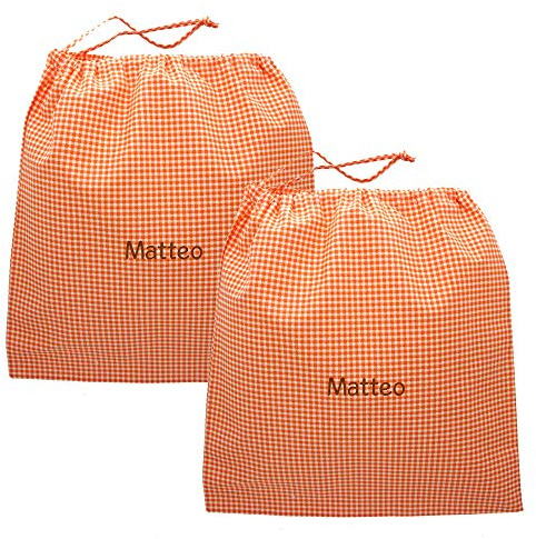 Coccole - Set Sacca Asilo Personalizzata Multiuso 2pz - Sacca per Asilo in Puro Cotone per Vestiti e Oggetti Personali - Personalizzabile con Nome a Quadri Arancioni