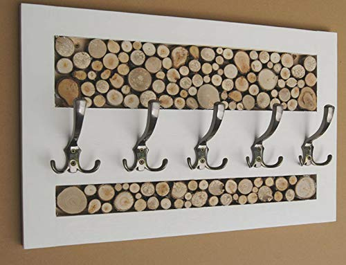 k koma Garderobenleiste 60 x 40cm Landhausstill Vintage 5 Kleiderhaken Holz Scheiben Loft