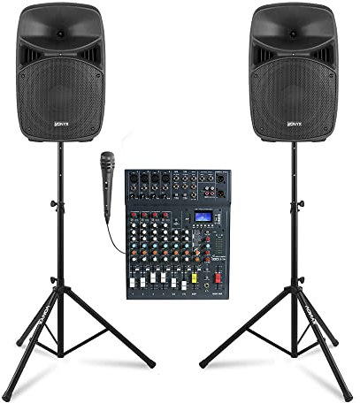 Vonyx VPS102A Compact PA System for Band & Singers - 600W Portable PA System Package with XS8 Mixer, Pair of 10-Inch Speakers, Stands, Bluetooth & DSP Effects for Small Venue Live Performance