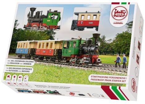 LGB 70307 Gartenbahn Starterset Personenzug– L70307, Gartenbahn-Modelleisenbahn, mit Lokomotive und Zwei Waggons, Outdoor-Eisenbahn, Spur G, 85 x 12 x 16 cm