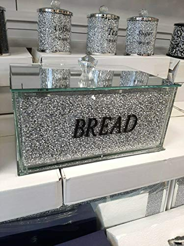 CMK Crushed diamond crystal filled bread bin in Silver for whole loaf with black writing Silver trimmings Kitchen storage