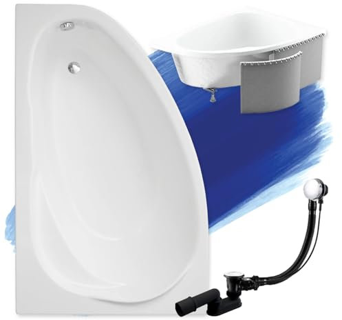 BADLAND Badewanne Original Weiß Acryl Wanne Eckbadewanne MAREA 150x100 Links KOMPLETTSET SET mit Premium Styroporverkleidung + Füßen und Exklusive Chrom Automatik Ablaufgarnitur Made in EU 4in1