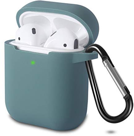 KOKOKA Case Cover Compatible with AirPods 2 & 1, Silicone Shockproof Case Cover for Airpods 2 &1 Front LED Visible Extra Protection with Carabiner, Deep Green