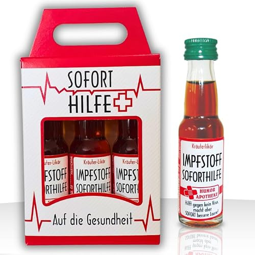 Lustiges Geschenk Alkohol - Kräuterlikör Impfstoff 3er Box - Witziges Mitbringsel & Humorvolle Geschenkidee für Männer & Frauen - 3x 0,02l Schnapsflaschen Set in Geschenkverpackung