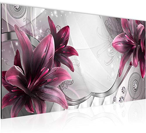 Runa Art Wandbild Blumen Lilien 1 Teilig 100 x 40 cm Modern Bild auf Vlies Leinwand Abstrakt Wohnzimmer Grau Rot 036812a
