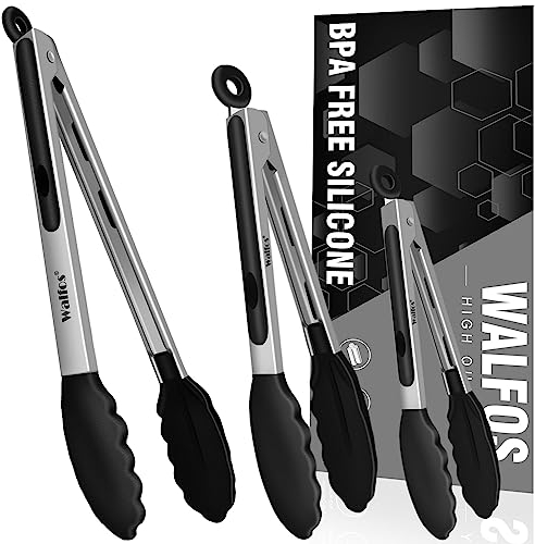 Walfos® Küchenzange Hitzebeständige (480°F) Kochzange Grillzange 3er-Set, Edelstahl- und BPA-freie Silikonspitzen, ideal zum Kochen, Grillen, 18cm,23cm und 30,5cm (3 schwarze Silikonzangen)