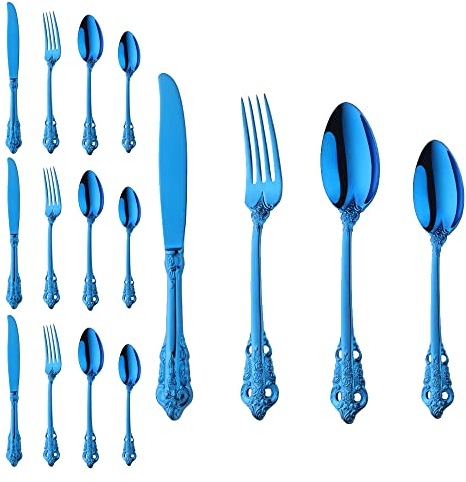 16 pièces Titane plaqué Bleu Ensemble de Couverts, Set Argenterie de Table 4 Personnes Inox, Comprend des couteaux/fourchettes/cuillères, Miroir Poli et Lavable au Lave-vaisselle (Bleu Brillant)